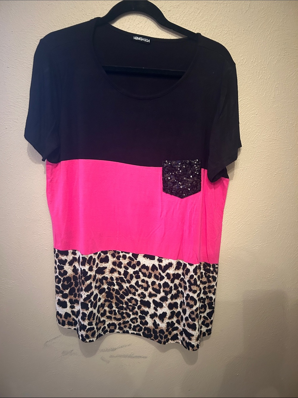 Hemish Black, Hot Pink and Leopard Colorblock Tee with Sequin Pocket